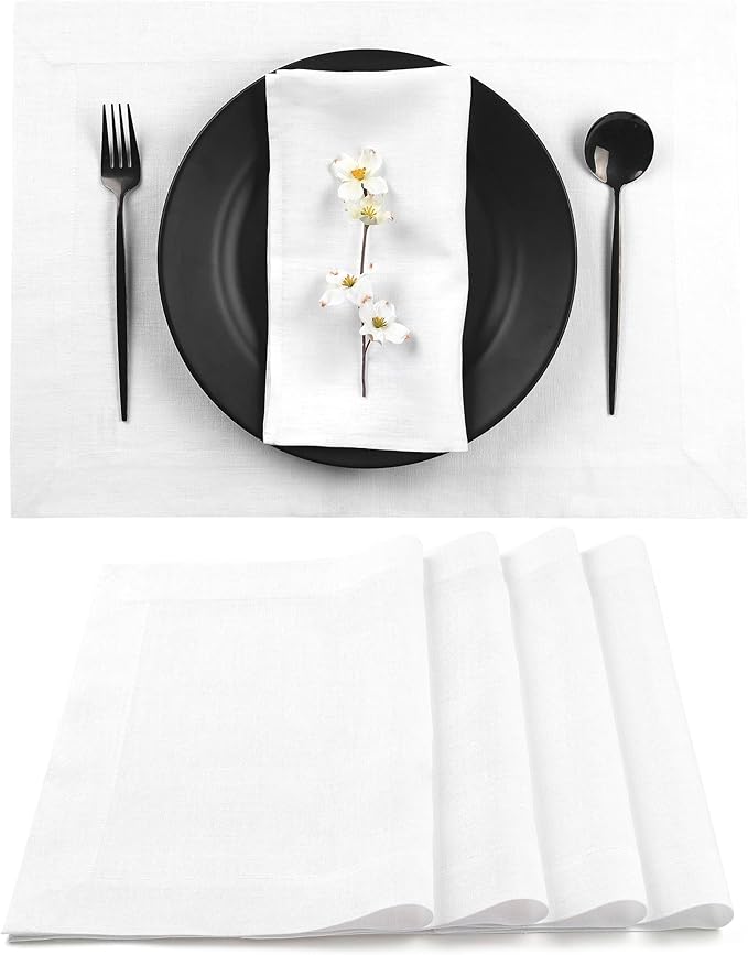 D'Moksha Homes Linen White Placemats Set of 4-100% Pure Linen Placemats 14 x 19 Inch for Valentines, Spring, Easter - Handcrafted and Machine Washable