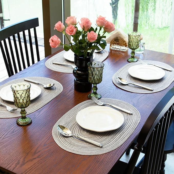 Noctiflorous Oval Braided Placemats Set of 8 Woven 12x18 Inch Non Slip Washable Heat Resistant Place Mats Round Tablemats for Dining Kitchen Party Daily Table Decor Dinner Mats (Gray, 8)