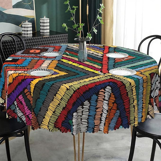 Laeacco 24 Inch Colorful Patchwork Round Tablecloth Woven Geometric Pattern Abstract Art Print Table Cloth Washable Waterproof Wrinkle Free Table Cover for Kitchen Dining Picnic Party Decoration