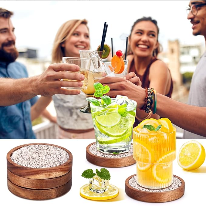 Best Absorbent Wooden Coasters Set of 5 Mixed Brown Woven Coaster Modern 4 Inches Acacia Wood Coasters for Drinks, Coffee Table Decor, Farmhouse, Bar, Office, Beer, Kitchen, Dining Room, Outdoor, Desk
