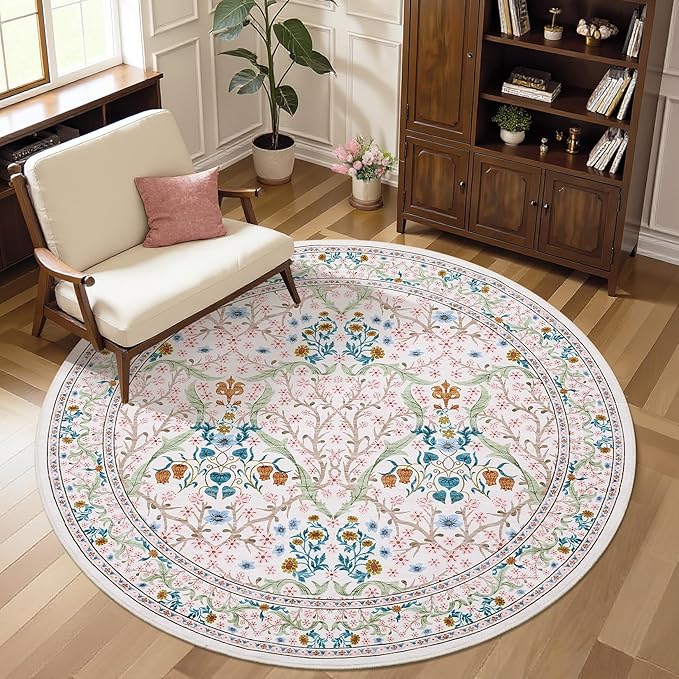 GarveeHome Pink Floral 6 ft Round Rug Washable Non-Slip Soft Low Pile Circle Carpet Vintage Rugs for Kitchen Bedroom Nursery Dining Living Room