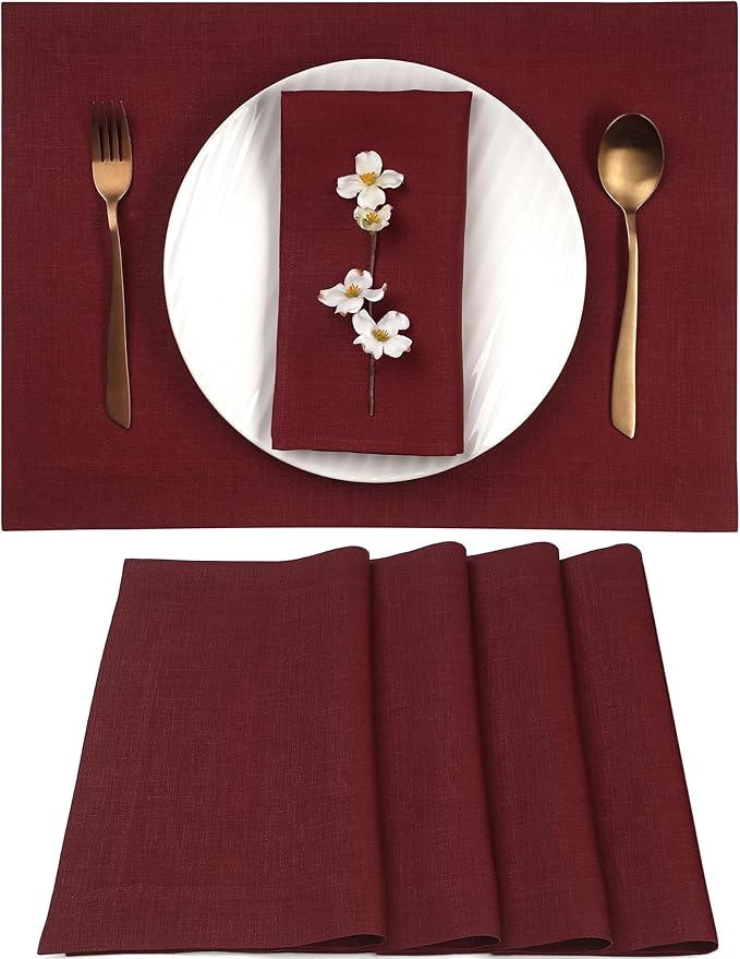 D'Moksha Homes Linen Placemats 14 x 19 Inch - Dark Red Placemats Set of 4-100% Pure Linen Table Place Mats for Valentines, Spring - Handcrafted and Machine Washable