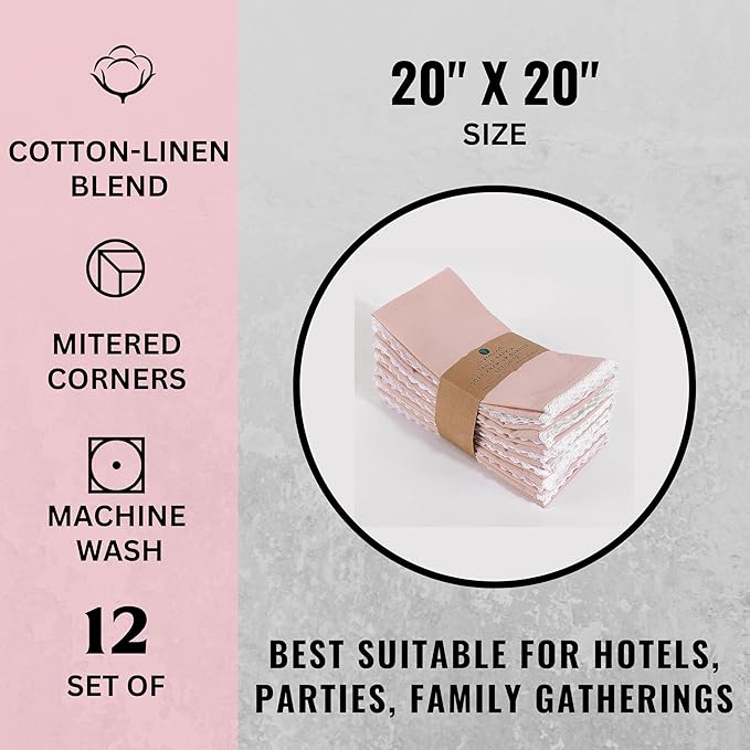 Fingercraft Dinner Cloth Napkin Cotton Linen Set of 12 Mitered Corners with Natural Elegant Lace for Everyday Use Napkins are Pre Shrunk and Good Absorbency with Lace 20x20 in Dusty Pink