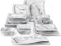 MALACASA Square Dinnerware Sets, 26-Piece Marble Grey Plates and Bowls Sets, Porcelain Dinner Set Microwave Safe, Kitchen Dinnerware Plates Set, Dishes and Bowls, Service for 6, Series Flora