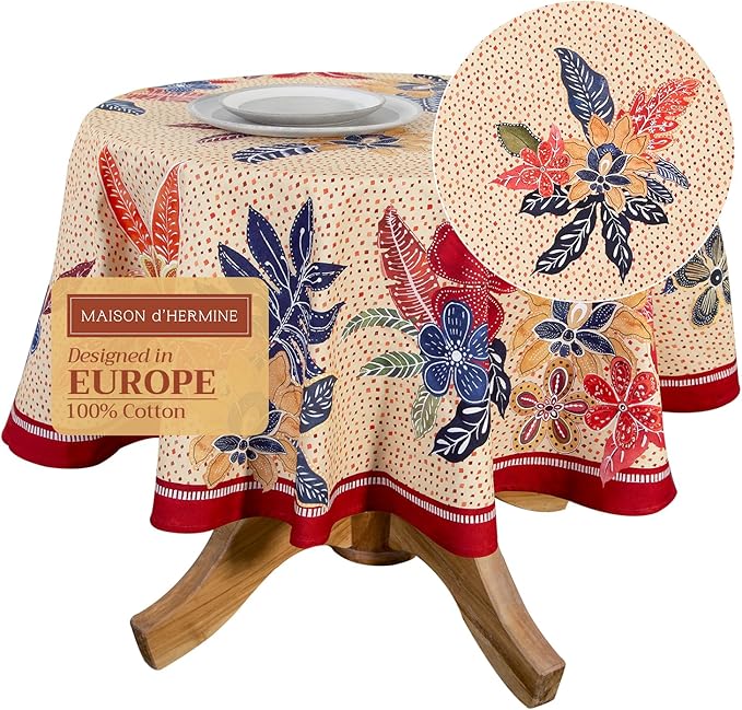 Maison d' Hermine Table Cloth Round Table 100% Cotton 63 Inches Fall Tablecloth Reusable Everyday Use for Thanksgiving Christmas Decorations Dining Farmhouse Party (Kalahari)