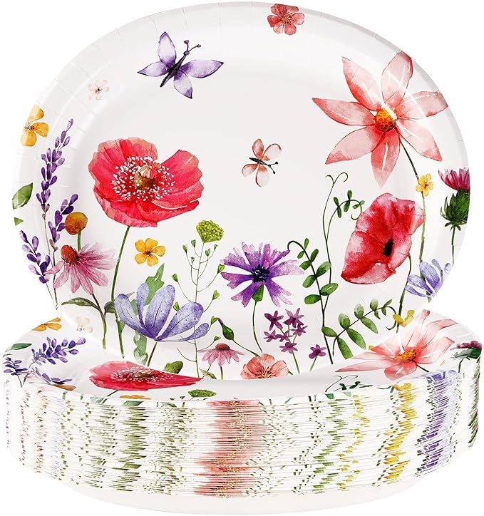 Grencian 50Pcs Floral Oval Paper Plates 10" X 12" Large Disposable Wildflower Plates Heavy Duty Watercolor Flower Platters for Spring Birthday Picnic Wedding Bridal Baby Shower Tea Party Supplies