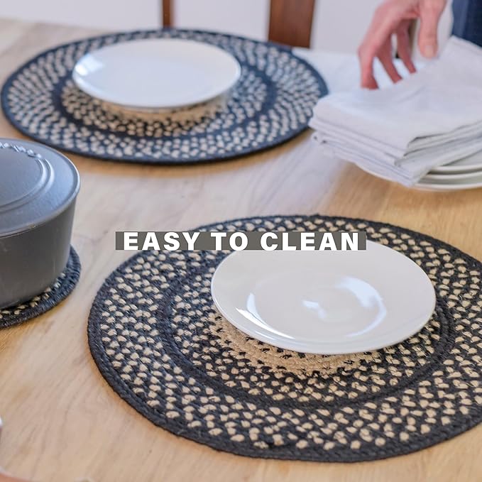Homespice Manchester Jute Braided Trivets for Table, Country Primitive Decor, Set of 3, Black and Tan 8" Round Heat Resistant Mats - Rich Colors, Easy to Clean, Durable and Protects Furniture
