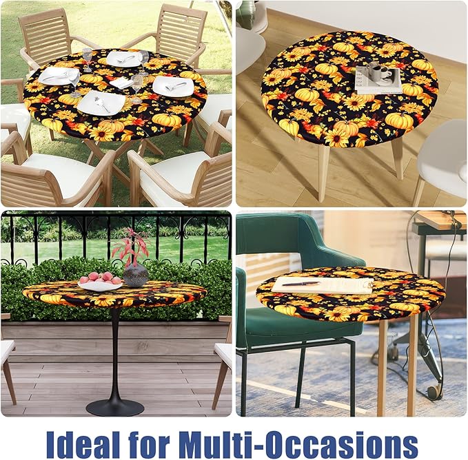 Round Spandex Thanksgiving Tablecloth, Elastic Fitted Waterproof Tablecloths for 36"-44" Tables, Stretch Washable Picnic Table Cover for Autumn Harvest Parties, Pumpkin Sunflower