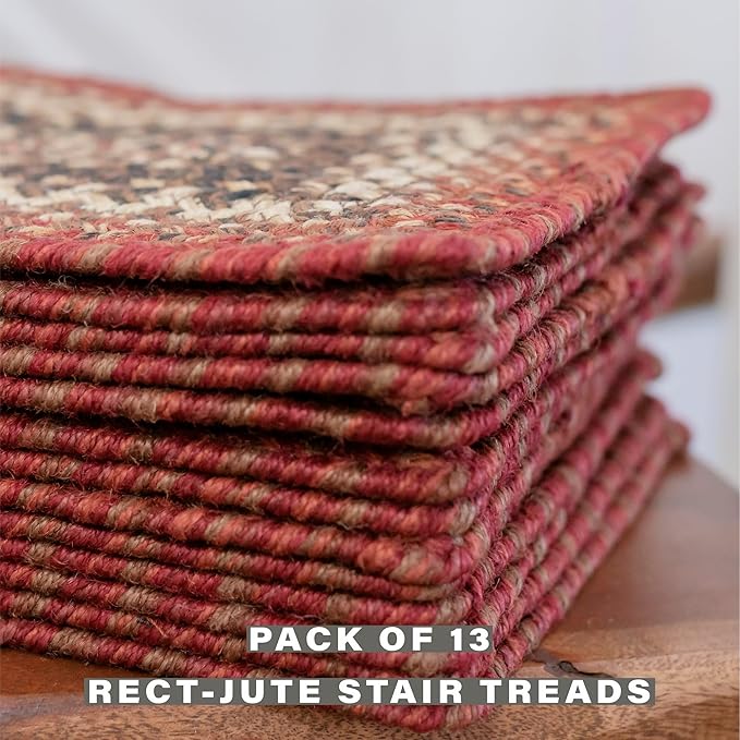 Homespice Chester Jute Braided Stair Treads for Wooden Steps, Country Cabin Decor, Set of 13, Red 8x28 Rectangle Rug for Stairs - Easy to Clean, Tightly Stitched and Durable