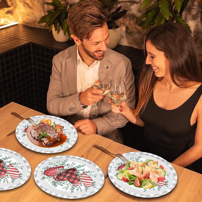 CHUNNIN 50Pcs Valentine's Day Party Supplies Valentines Party Oval Paper Plates 11.6 x 9.5in Eucalyptus Love Heart Disposable Tableware for Valentine's Day Anniversary Birthday Wedding Party Decor