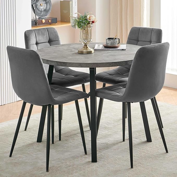 Kitchen Table and Chairs Set for 4, 37" Grey Round Dining Table with Hooks, Solid MDF Faux Wood Tabletop, Grey Velvet Dining Chairs Upholstered Side Chair with Back