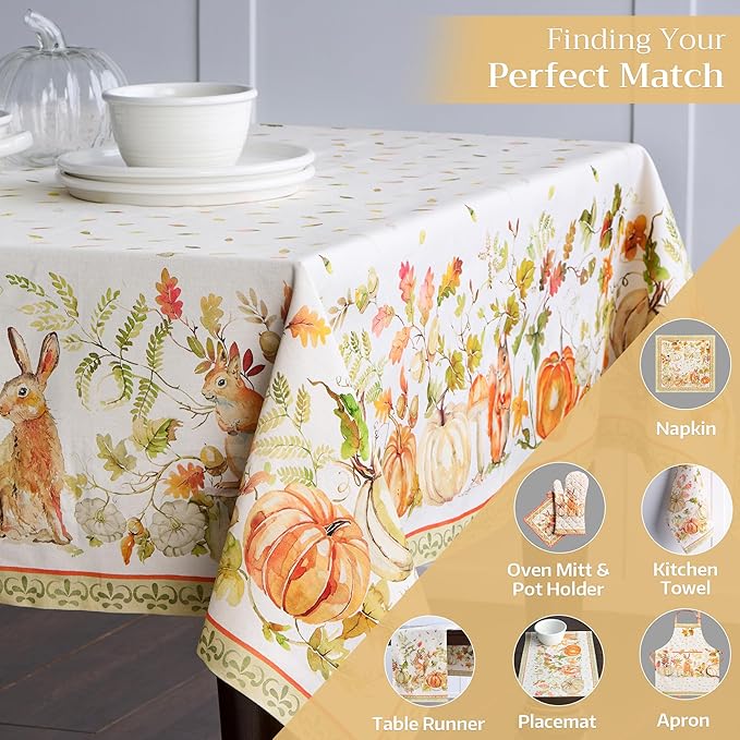 Maison d' Hermine Table Cloth Rectangle Table 100% Cotton 70 x 120 Inches Fall Tablecloth Reusable Everyday Use for Thanksgiving Christmas Decorations Dining Farmhouse Party (Pumpkin Passion)