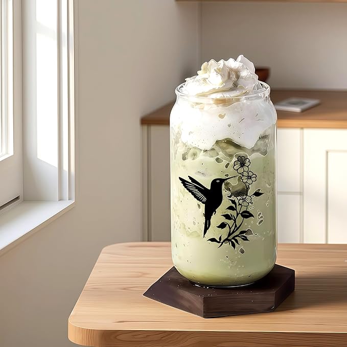 Cute Hummingbird Glass Cup With Lids And Straws, Hummingbird Gift For Women, Iced, Coffee, Smoothie, Cocktail, Beer, Whiskey, Soda, Matcha,16 Oz, Home Office Table Desk Decoration!