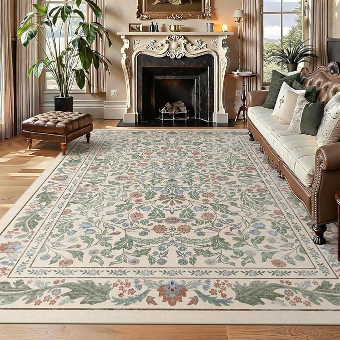 Beige Floral 8x10 Area Rugs for Living Room Large Washable Rug Vintage Forest Low Pile Non Slip Stain Resistance Soft Carpet for Dining Room, Bedroom, Office Rug, Kids Room, Nursery Room, Playroom