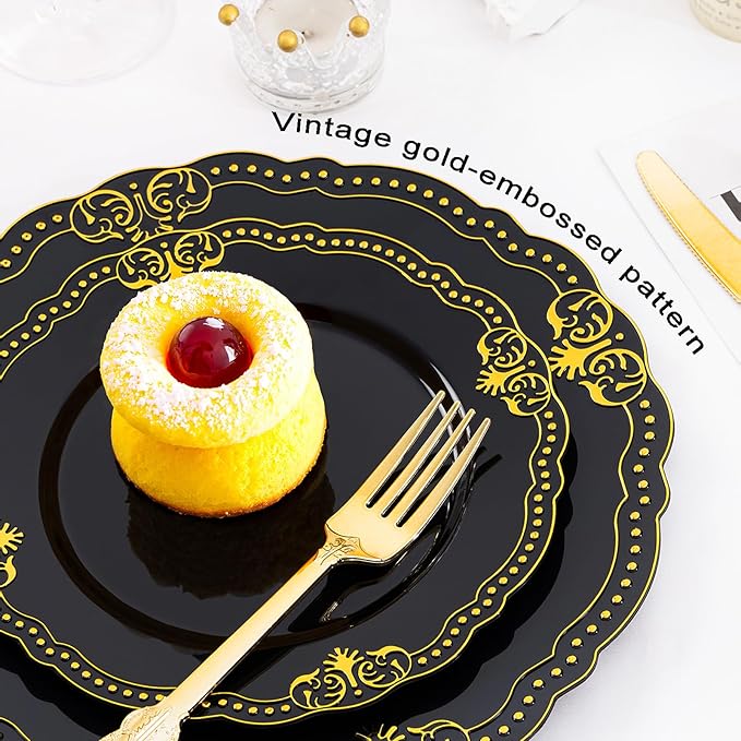 Ciaell 175 PCS Black and Gold Plastic Plates - Black Disposable Dinnerware Set with 50 Plates, 25 Knives, 25 Forks, 25 Spoons, 25 Cups, 25 Napkins for Parties and Weddings