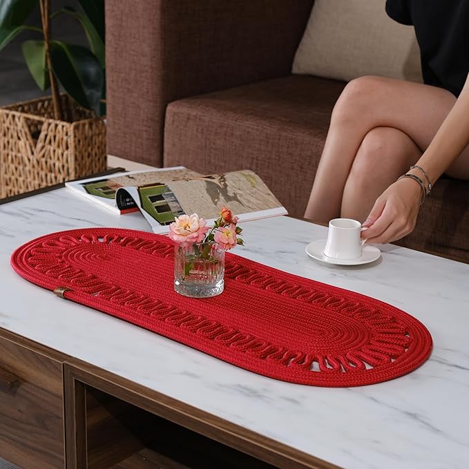 Oval Jute Table Runner | Woven Braided Dining Runner | Natural Textured Rattan Table Runner for Dining Table Coffee Table or Patio 11.8 x 27.5 (Red)