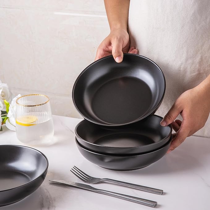 AmorArc 8.5 Inch Stoneware Pasta Bowls, 32oz Large Bowls Set of 6 for Kitchen, Wide Bowls for Pasta,Salad,Oatmeal, Microwave&Dishwasher Safe, Matte Black
