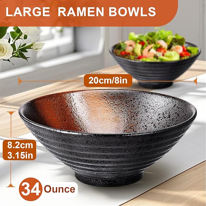 8-Inch Ceramic Ramen Bowl Set of 4 (17 Piece) - Porcelain Japanese Salad Noodles Cereal Fruit Pasta Soup Large Bowls with Recipes Chopsticks Forks Spoons for Men Women Gift Microwave Dishwasher Safe