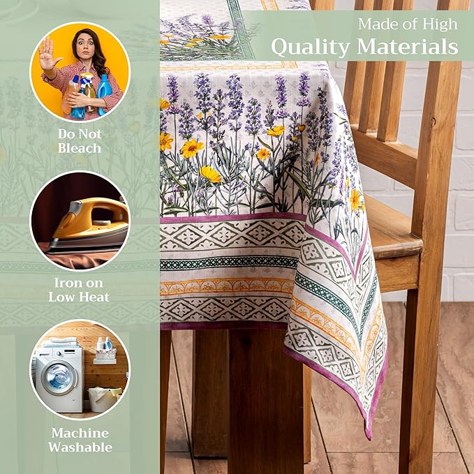 Maison d' Hermine Table Cloth Rectangle Table 100% Cotton 70 x 90 Inches Tablecloth Reusable Decorative for Dining Room Farmhouse Home Valentines Day Decorations Spring Summer - Fanny Lavender