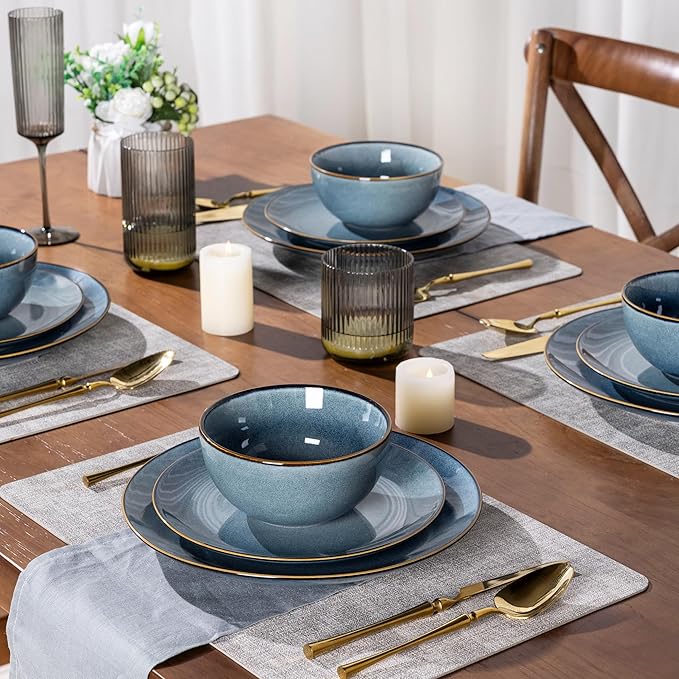 GBHOME Ceramic Dinnerware Sets for 8, 24 Pieces Stoneware Plates and Bowls Sets, Reactive Glaze Dishes -Scratch Resistant, Dishwasher&Microwave Safe-Space Blue