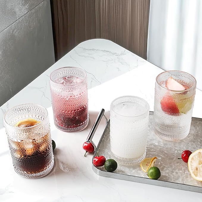Hobnail Drinking Glasses Set of 2, 16 Oz Vintage Embossed Glass Cup Kitchen Glassware Water Tumblers for Cocktails, Beer, Juice, Whiskey
