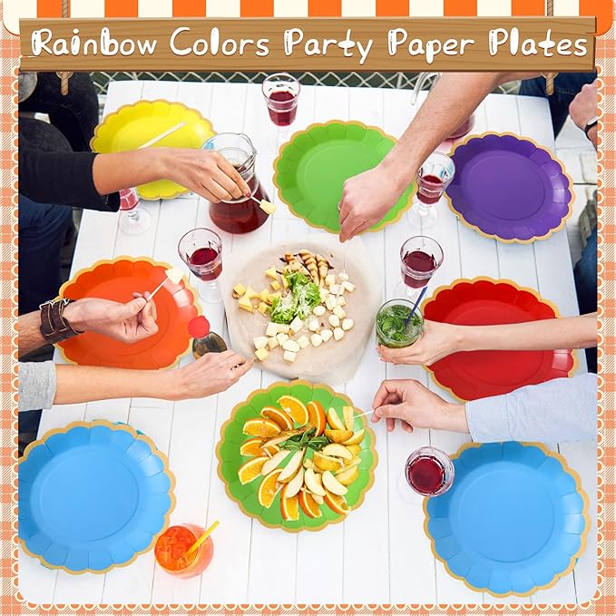 48 Pcs Rainbow Paper Plates 9 Inch Colorful Scalloped Paper Disposable Dinner Dessert Plates for Birthday Wedding Bridal Party Supplies, 6 Colors