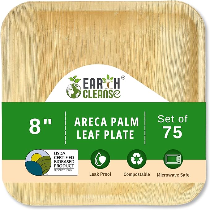 Compostable Palm Leaf Plates 8 Inch Square (75 Pack) | Disposable Biodegradable Plates Like Bamboo & Wooden | Microwave & Oven Safe | Eco-Friendly