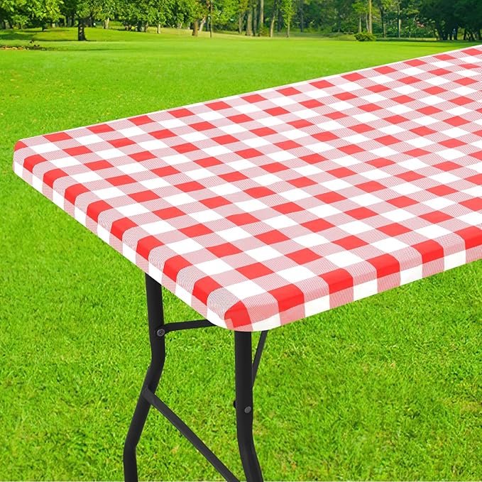 Smiry Rectangle Picnic Table Cloth, Elastic Waterproof Fitted Vinyl Tablecloths, Flannel Backed Buffalo Plaid Table Covers for Dining, Camping, Outdoor (White and Red, 24" x 48")