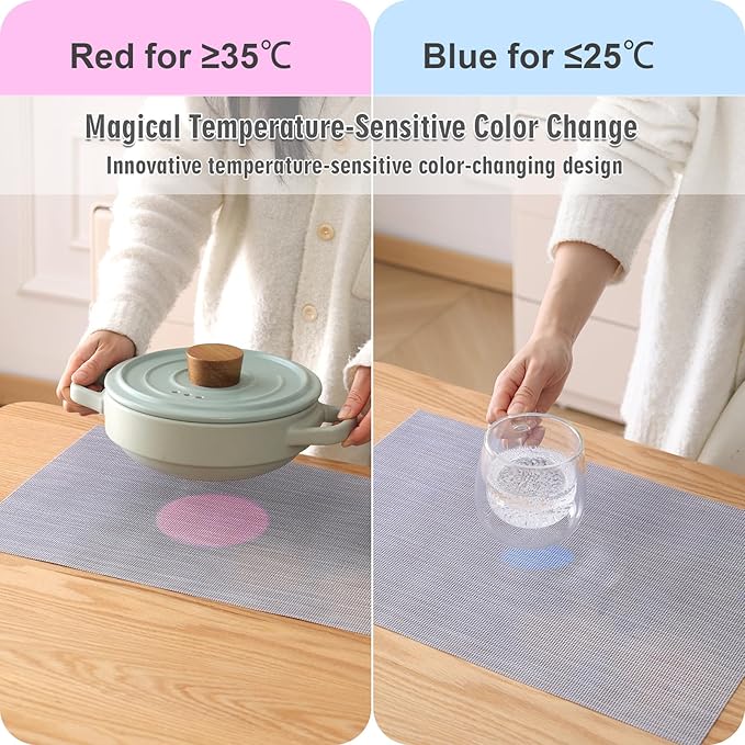 Nano-Air Color Mat:Temp-Triggered Placemat, Negative Ion & Eco-Friendly Nano Material,Fall Placemat& Kitchen Table Mats,Self-Cleaning&Easy-Clean,(≤25℃ Blue/≥35℃ Red)