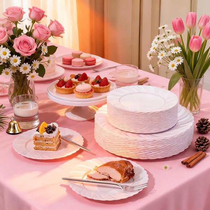 U-QE 60 Pcs White Plastic Plates for Party – Scalloped Plastic Plates Heavy Duty & Elegant – Include 30 10" Dinner & 30 7" Dessert Plate - Perfect for Party & Wedding