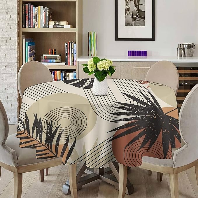 Boho Medieval Abstract Leaves Round Tablecloth, Mid Century Modern Bohemian Style Print Tablecloth for Home Party Dining Room Kitchen Decor 50Inch(127cm)
