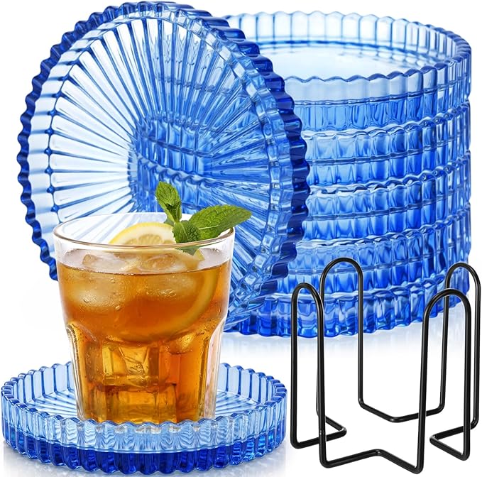 Remerry 6 Pcs Clear Crystal Coaster Set with Holder Glass Coasters for Drinks 4 Inch Drinks Crystal Round Cup Coasters Coffee Table Decor for Office Kitchen Bar Restaurant Patio (Blue)