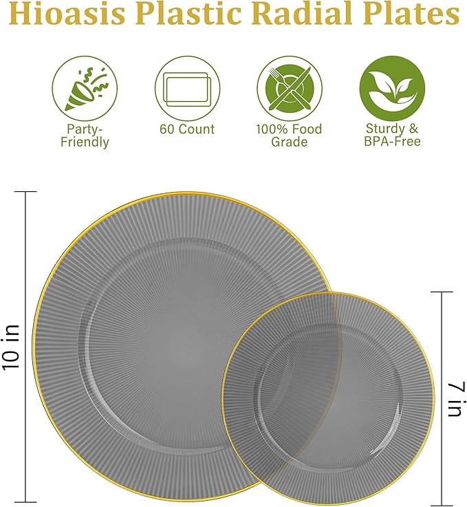 Hioasis 60pcs Black and Gold Plastic Plates - Black Disposable Dinnerware Set, 30pcs Dinner 10.25in & 30pcs Dessert 7.5in Plates with Striped Designs for Party & Wedding