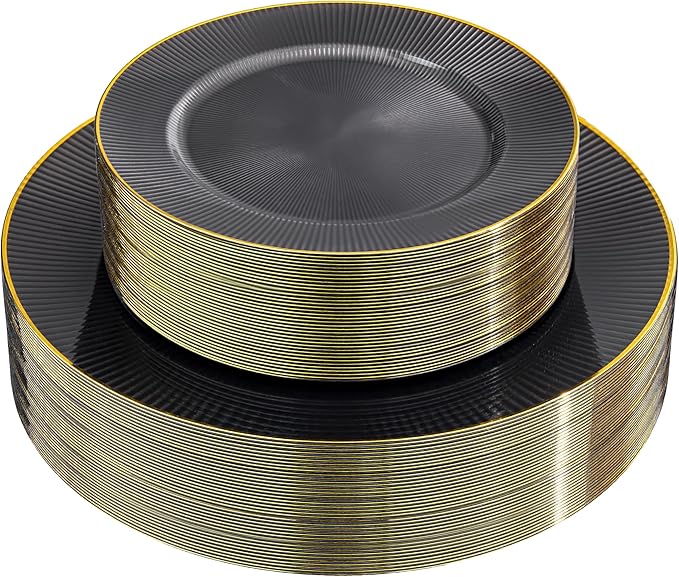 Hioasis 60pcs Black and Gold Plastic Plates - Black Disposable Dinnerware Set, 30pcs Dinner 10.25in & 30pcs Dessert 7.5in Plates with Striped Designs for Party & Wedding