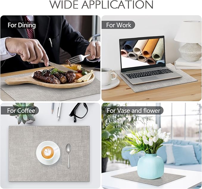 Faux Leather Placemats Set of 6 Washable PU Table mats for Kitchen Table - Heat Resistant, Waterproof, Easy Clean, Anti Slip 11.8" x 17" (Beige-6 Pack)