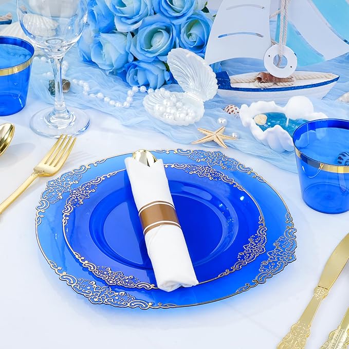 350 PCS Blue and Gold Plastic Plates, Disposable Dinnerware Set for 50 Guests, 100 Disposable Plates, 150 Silverwares, 50 Cups, 50 Napkins for Wedding, Party, Graduation