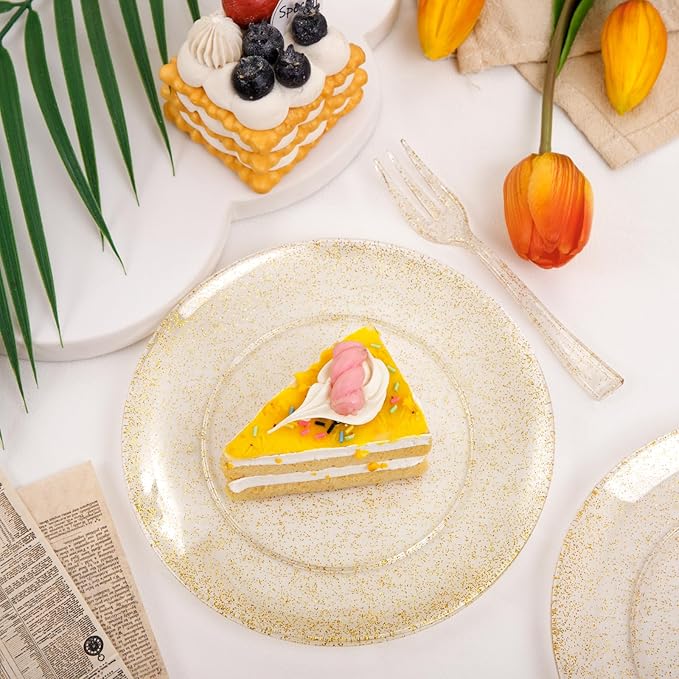 Festiva 200Pcs Gold Glitter Dessert Plates 6.3" with Forks 5"-Small Plastic Dessert/Cake/Appetizer Plates Disposable for 100 Guests Easter Party &Wedding& Birthday&New Year