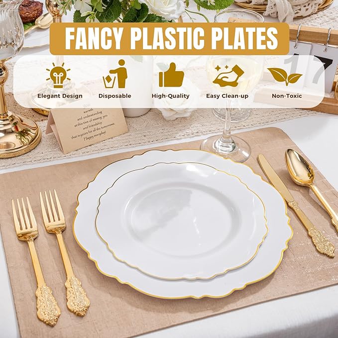 WDF 60pcs White and Gold Plastic Plates - Baroque White With Gold of 30 Heavy Duty Gold dinner plates 10.25inch, 30 Salad Plates 7.5inch Perfect for Weddings/Party/Birthday/Valentine's Days