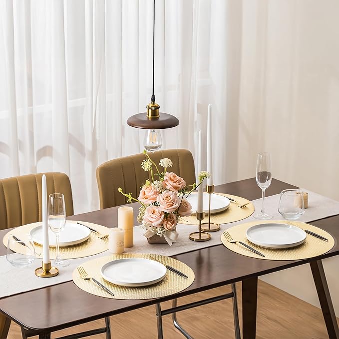 Jovono 15" Faux Leather Big Round Placemats Set of 4 - Washable Heat Resistant Non-Slip Dining Table Mats with Fabric Texture for Kitchen Home Party Wedding Decor, Gold