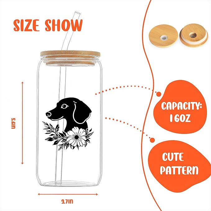 Cute Dachshund Glass Cup With Lids And Straws, Dachshund Gift For Women, Iced, Coffee, Smoothie, Cocktail, Beer, Whiskey, Soda, Matcha,16 Oz, Home Office Table Desk Decoration!