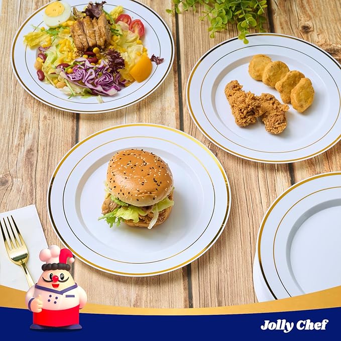 JOLLY CHEF 100 Pieces Gold Plastic Plates, 10 Inch Elegant Disposable Dinner White with Gold Rim, Disposable Plastic Plates for Christmas, Birthdays and Weddings