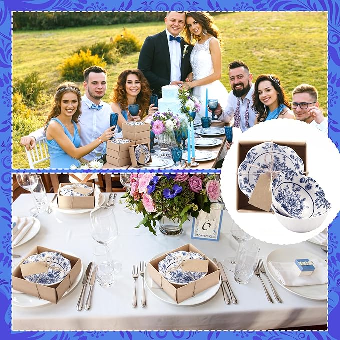 12 Pcs Wedding Favors for Guests Small Ceramic Bowl Bulk Gifts Set 3.3 Inch Floral Design Mini Dipping Sauce Dish with Card Box for Bridal Pooja Baby Shower Birthday Guest Gift (Blue)