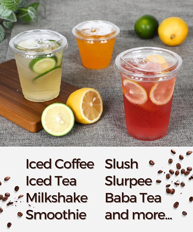 100 Pack 9 oz Clear Plastic Cups with Strawless-Sip-Lids, Disposable Cups Plastic Iced Coffee Cups, To Go Cups with Sip Through Lids for Smoothie, Milkshake, Cold Drinks for Party, Wedding, Event
