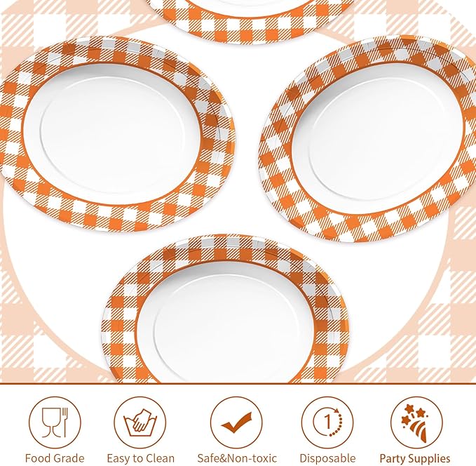 50pcs Fall Gingham Oval Paper Plates 10" x 12" Large Disposable Heavy Duty Orange & White Buffalo Checked Plaid Platters Thanksgiving Dessert Plates for Fall Harvest Themed Party Supplies Table Decor