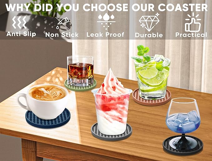 Coasters for Drinks 6 Pcs Drink Coaster with Holder,Heat Resistant Silicone Cup Mat Tabletop Protection,Non-Slip Rubber Coasters for Kinds of Cups (Grey)
