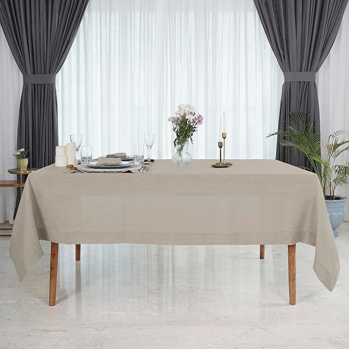 D'Moksha Homes Natural Linen Tablecloth for Rectangle Tables 60 x 90 Inch - 100% Pure Linen Natural Table Cloth - Classic Hemstitch, Machine Washable Tablecloth for Valentines, Spring, Easter