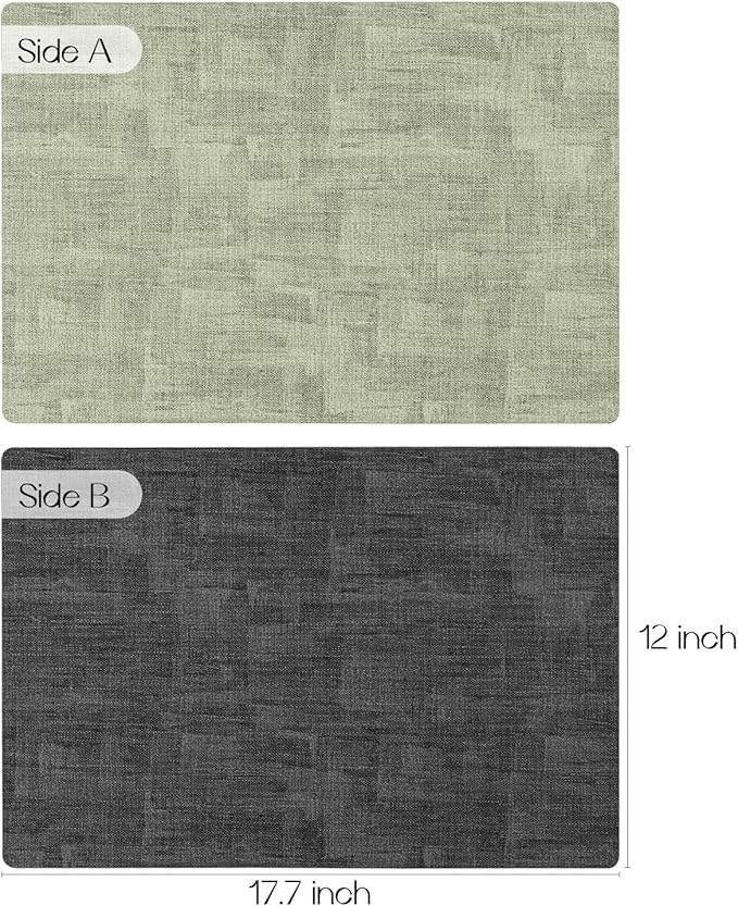 Romanstile Sage Green Placemats Set of 4, Vinyl 100% Waterproof Oil-Proof Wipeable Place Mats, Heat Resistant Dual Sided Table Mats for Kitchen/Dining/Party (Grey Green, 12 x 17 Inch)