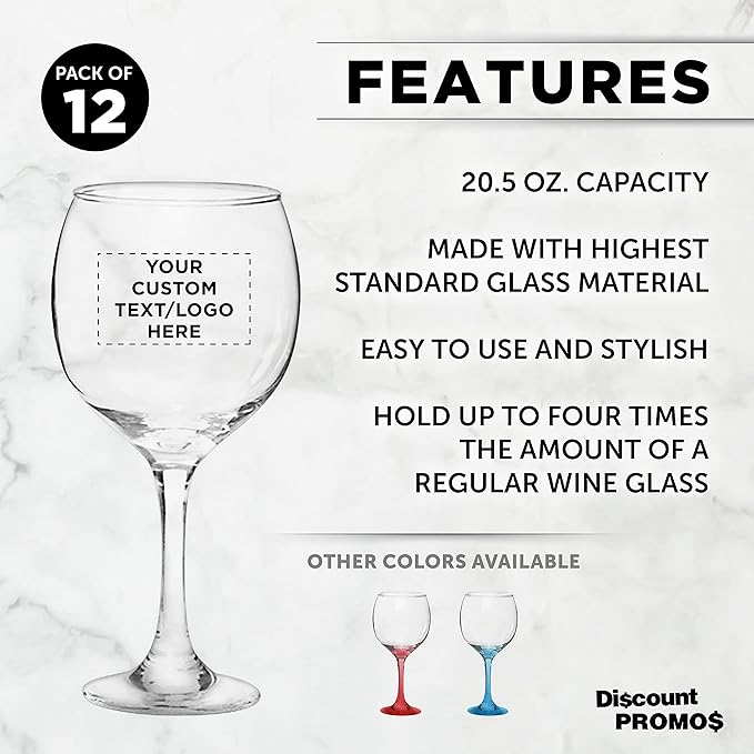 Custom Premiere Wedding Wine Glasses 20.5 oz Set of 12, Personalized Bulk Pack - Restaurant Glassware, Perfect for Red Wine or White Wine - Clear