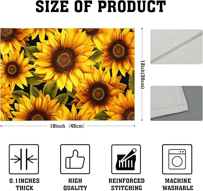 Sunflower Placemats Set of 4 - Yellow Flowers Place Mats Rectangle Spring Summer Floral Table Mats Botanical Blossom Placemats Dinner Party Decor 12x18 inch