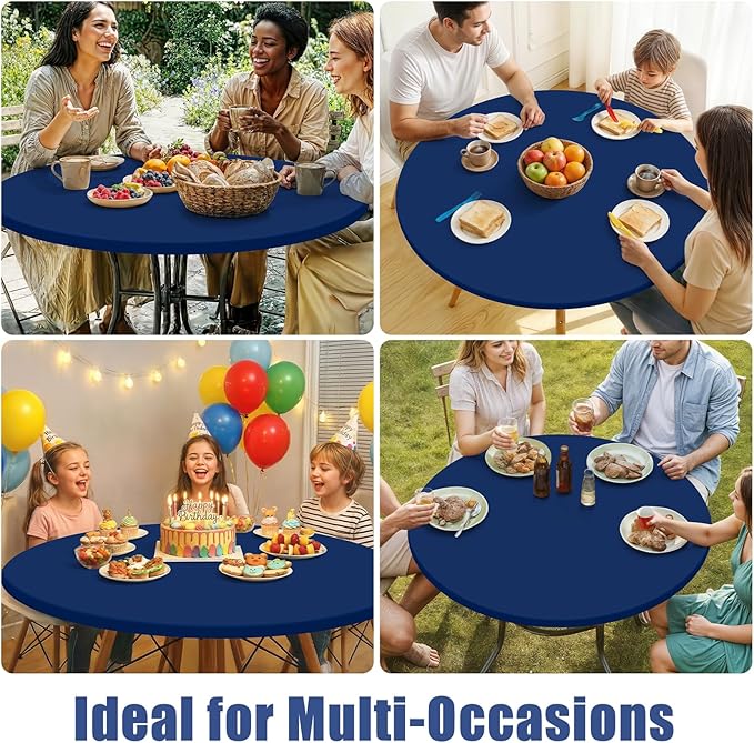 Round Spandex Tablecloth 2 Pack, Elastic Fitted Waterproof Tablecloths for 18"-24" Tables, Stretch Washable Picnic Table Cover for Camping, Dining, Indoor and Outdoor, Navy
